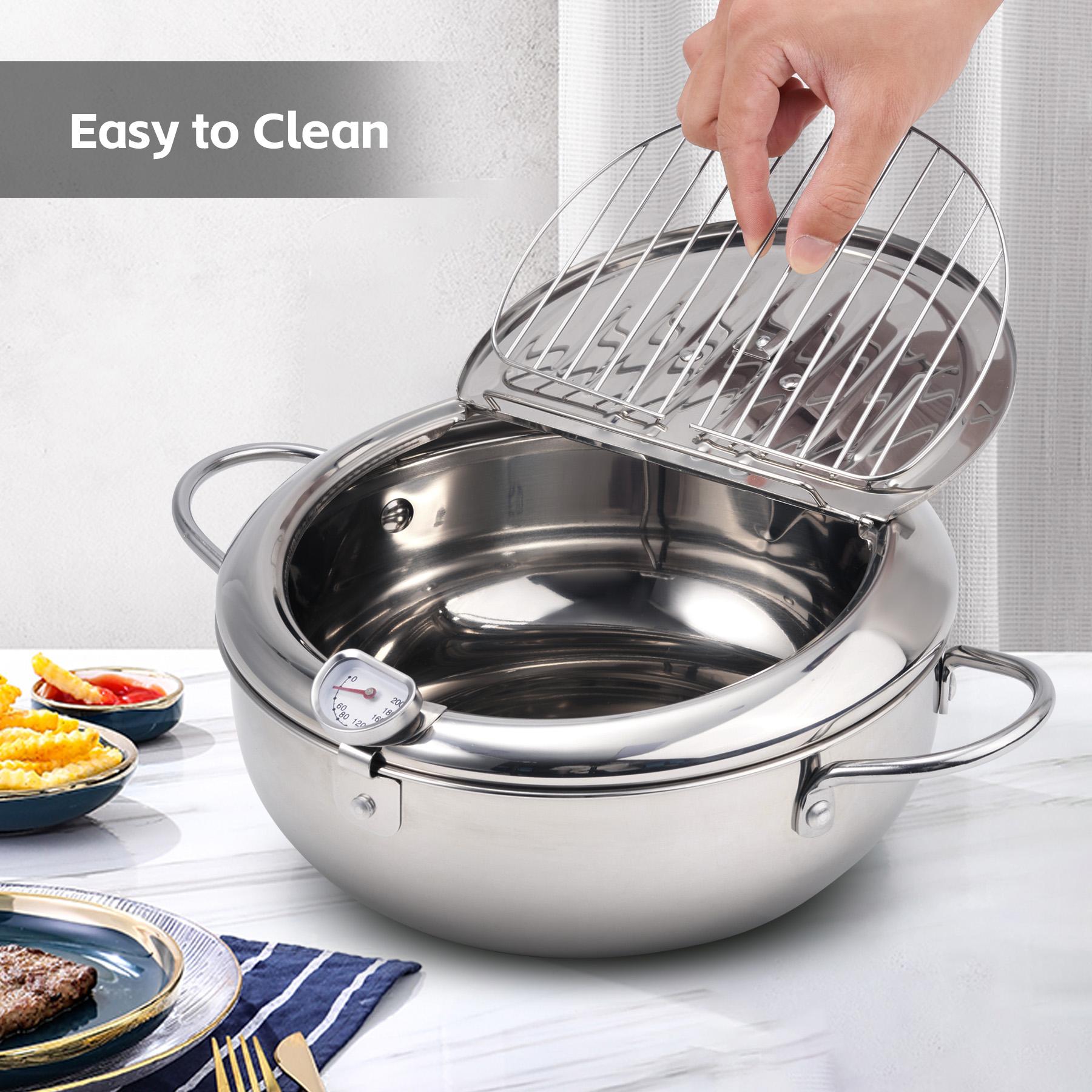 Deep Fryer Pot,  Janpanese Style Tempura Frying Pot with Lid, 304 Stainless Steel with Temperature Control and Oil Drip Drainer Rack, for Kitchen French Fries, Chicken etc