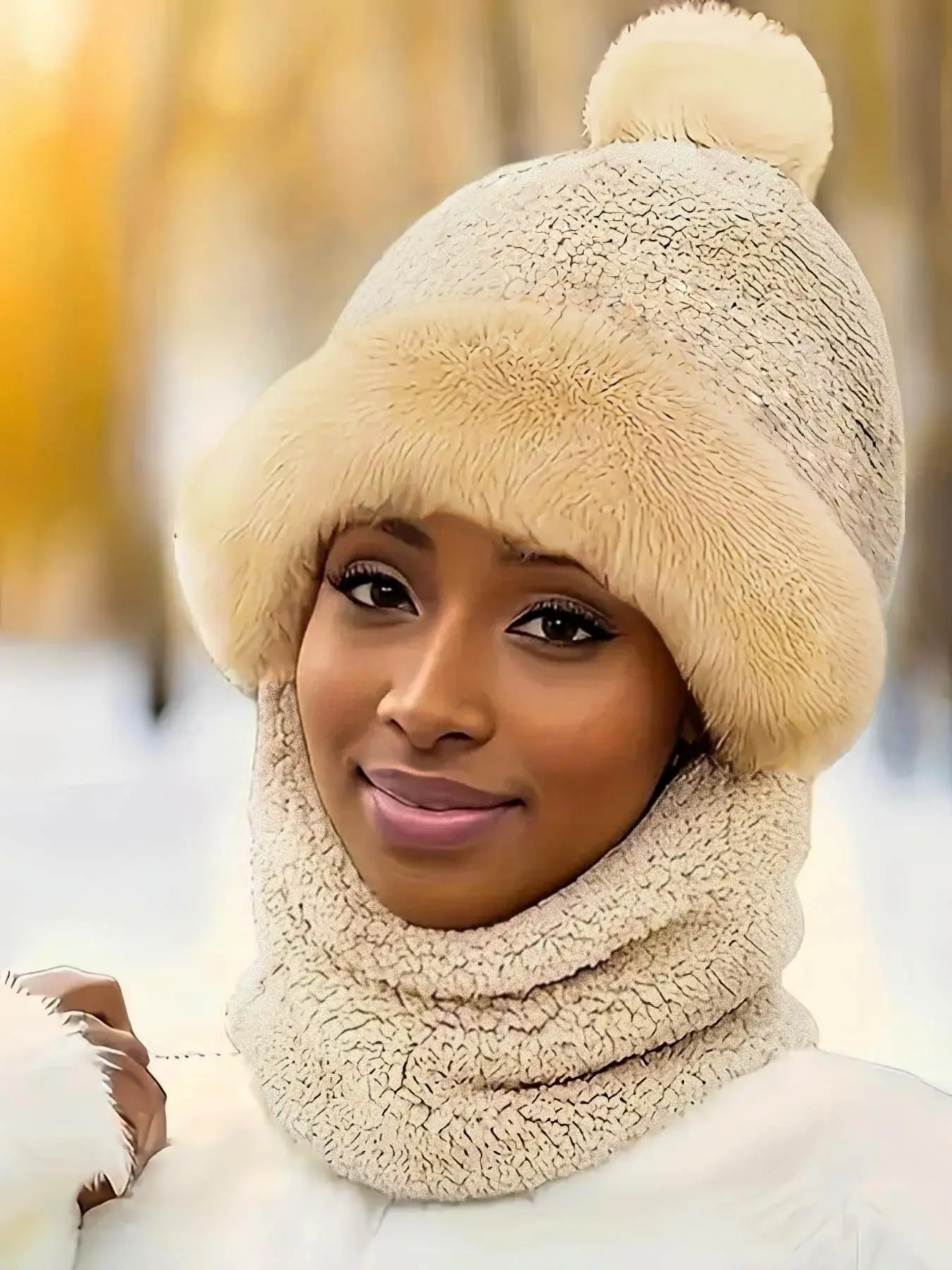 Women's Cute Solid Beanie Hat with Scarf, Fitted Hat, Knitted Winter Hat, Thickened Warm Hat for Fall & Winter, Fashion Accessories for Women & Girls