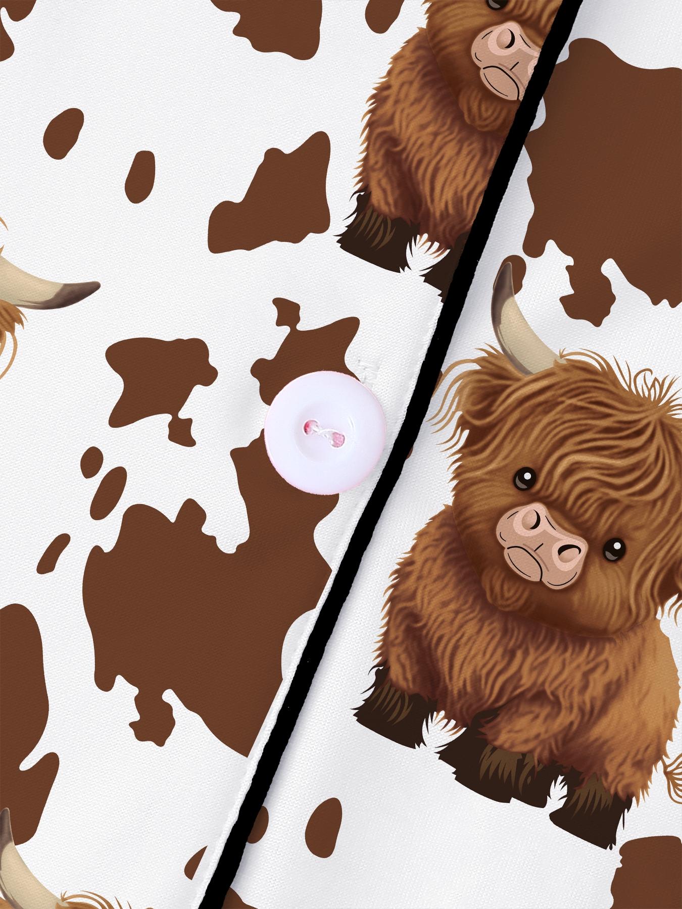 【Highland cattle】Women's Cartoon Cow Print Pajama Set, Long Sleeve & Pants, Elastic Waistband, Comfortable Home Wear, Fall Winter