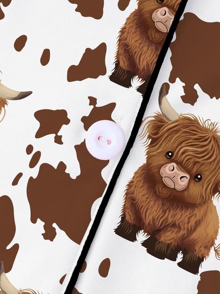 [Highland Cattle] Women's Cartoon Print Pajama Set, Long Sleeve Top & Elastic Waistband Pants, Comfortable Loungewear for Fall Winter Wear
