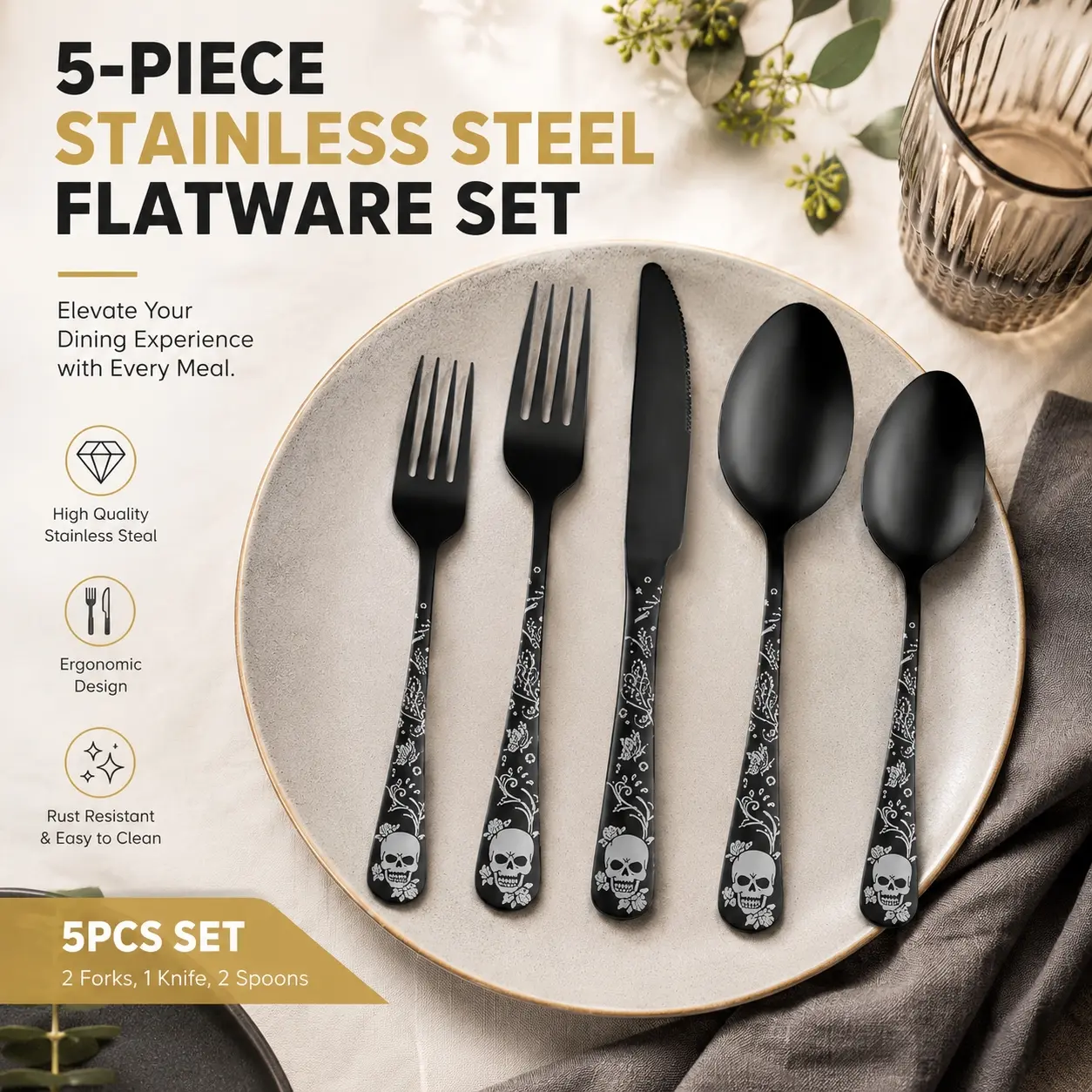 Gothic Holiday Gift Box Tableware Set Flatware Set 20Pcs Skull Print Silver Utensils 4 Person Dinner Cutlery Gift Pack for Party Present
