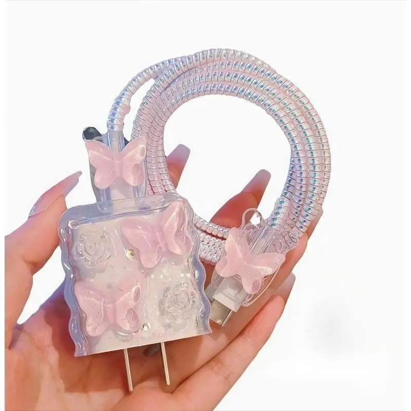5PCS Cute Butterfly Glitter 20W Charger Protector Set, Clear Glitter Charger Sleeve & Cable Saver, Durable Kawaii Protective Cover Compatible with 20W Phone Chargers