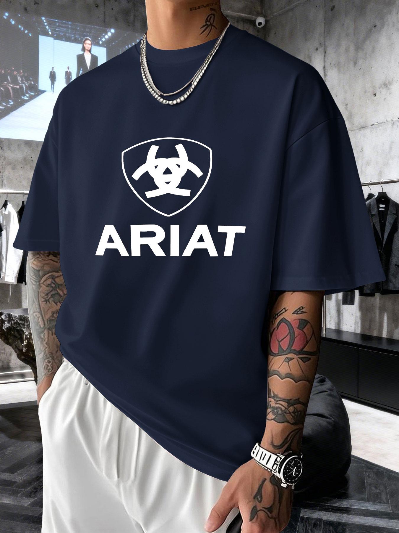 Men's Short Sleeve T-Shirt Summer Ariat Shield Logo Print, Western Cowboy Style Loose Fit Top, Casual Long Clothing for All Seasons