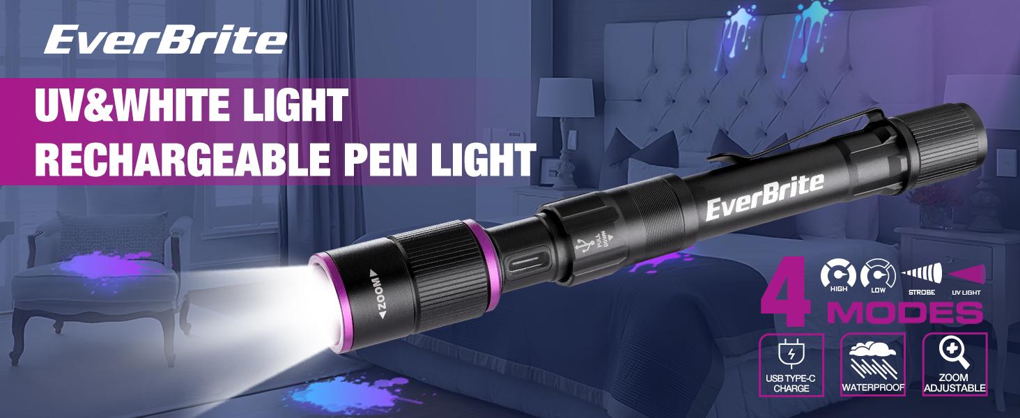 #JumpstartSale EverBrite Rechargeable Pen Flashlight with UV Light and White Light, 395nm Black Flashlight with Clip, Zoomable 4 Modes with Memory Function, USB C Cable, for Camping, Emergency, Pet Urine Detection