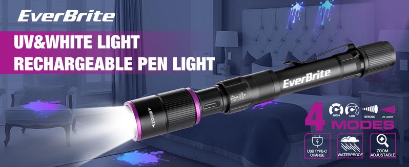 #JumpstartSale EverBrite Rechargeable Pen Flashlight with UV Light and White Light, 395nm Black Flashlight with Clip, Zoomable 4 Modes with Memory Function, USB C Cable, for Camping, Emergency, Pet Urine Detection #JumpstartSale EverBrite Rechargeable Pen Flashlight with UV Light and White Light, 395nm Black Flashlight with Clip, Zoomable 4 Modes with Memory Function, USB C Cable, for Camping, Emergency, Pet Urine Detection