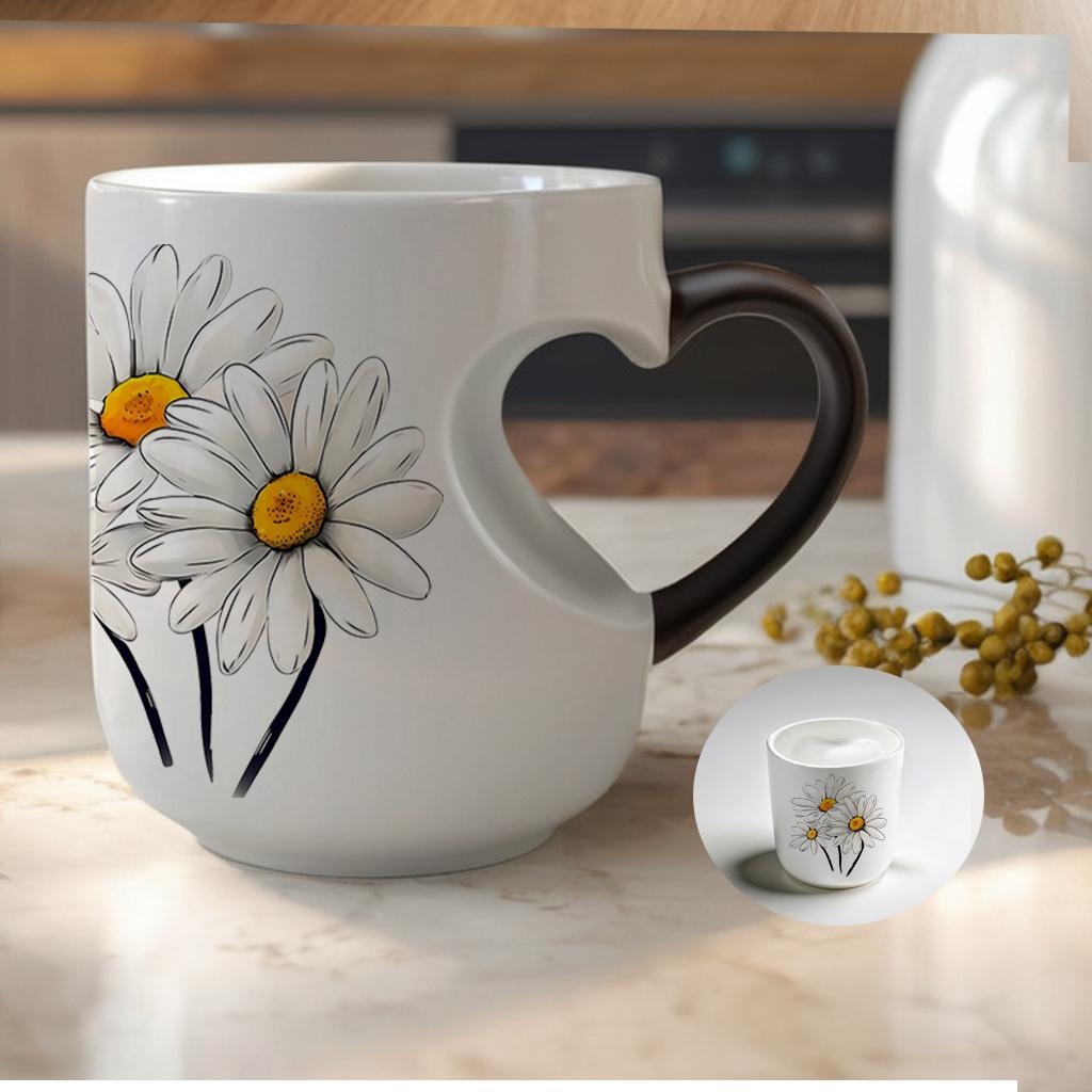 White Daisies Floral Pattern Ceramic Color Changing Mug, Heart Handle, 11 oz/330 ml - Great for Halloween, Christmas, Valentine's Day, Mother's Day and Father's Day Gifts