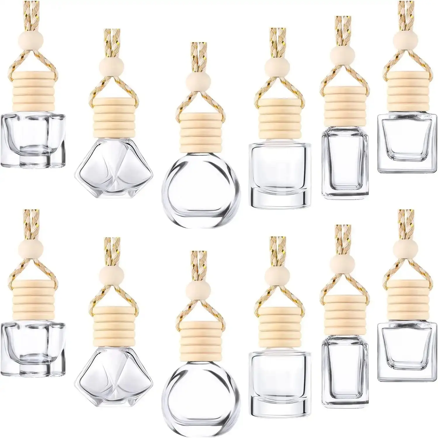 Patelai 12 Pcs 8ml Hanging Car Air Freshener Perfume Bottle Empty Clear Glass Essential Diffuser Oil Aromatherapy Fragrance Perfume Pendant Glass Bottle Decor(Assorted Style)