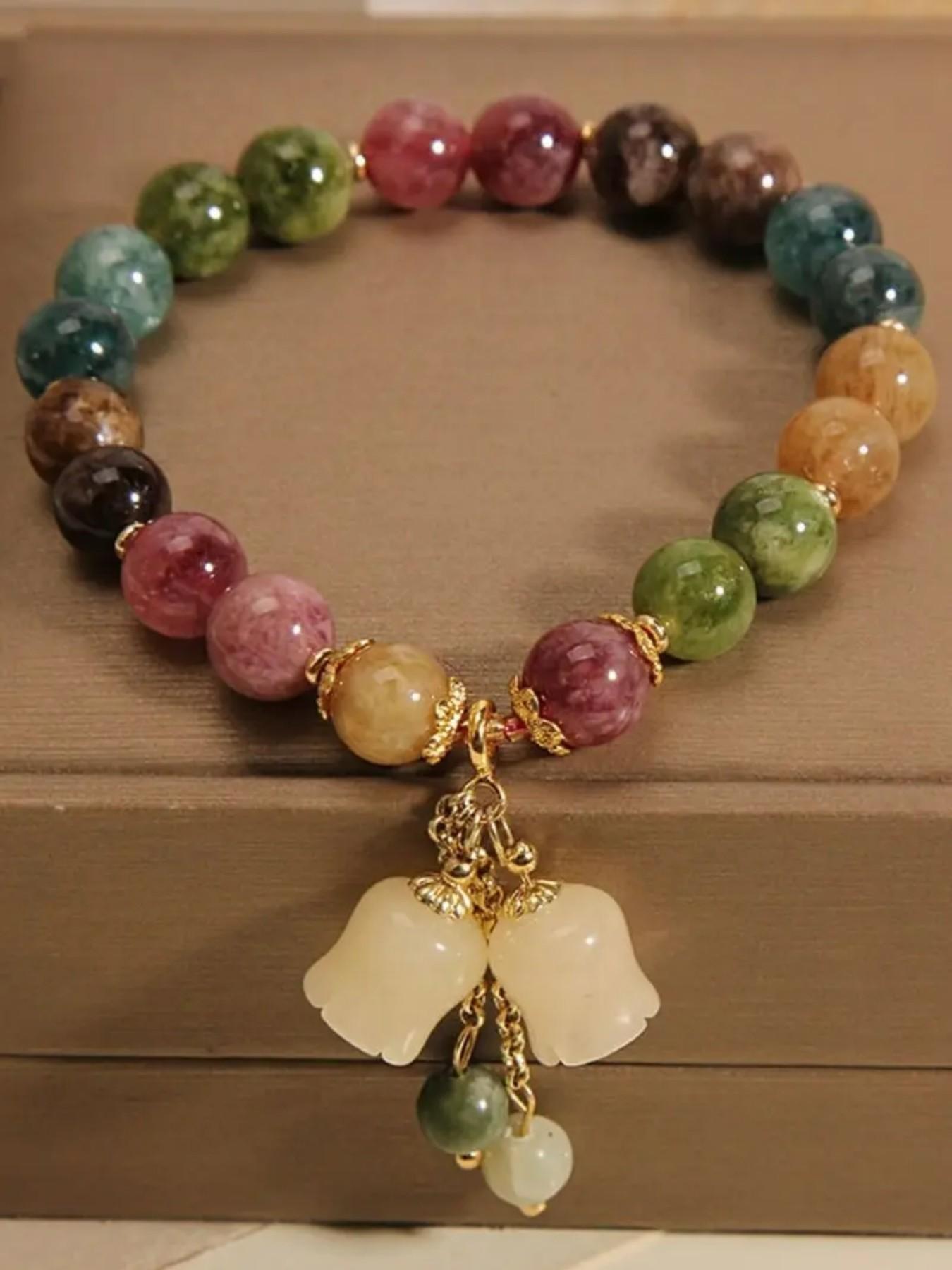 Handmade Colorful Quartz Beaded Bracelet with Bellflower Pendant, Adjustable Rope Chain Floral Charm, Cute Gift Jewelry for Women