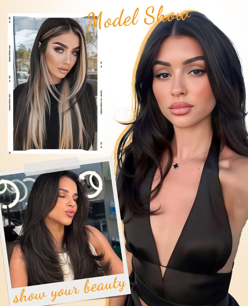 [AISI HAIR] Black Wig With Bangs Wear and Go Glueless Synthetic Lace Front Highlight Wigs for Women Pre Plucked Pre Cut Layered Black Wig Ready to Wear Middle Part 24 Inch