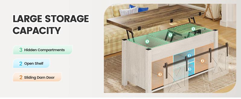 Product Introduction of SEDETA Lift Top Coffee Table, 4 in 1 Multi-Function Convertible Coffee Tables with Storage and Hidden Compartment, Farmhouse Coffee Table Converts to Dining Table for Living Room 8