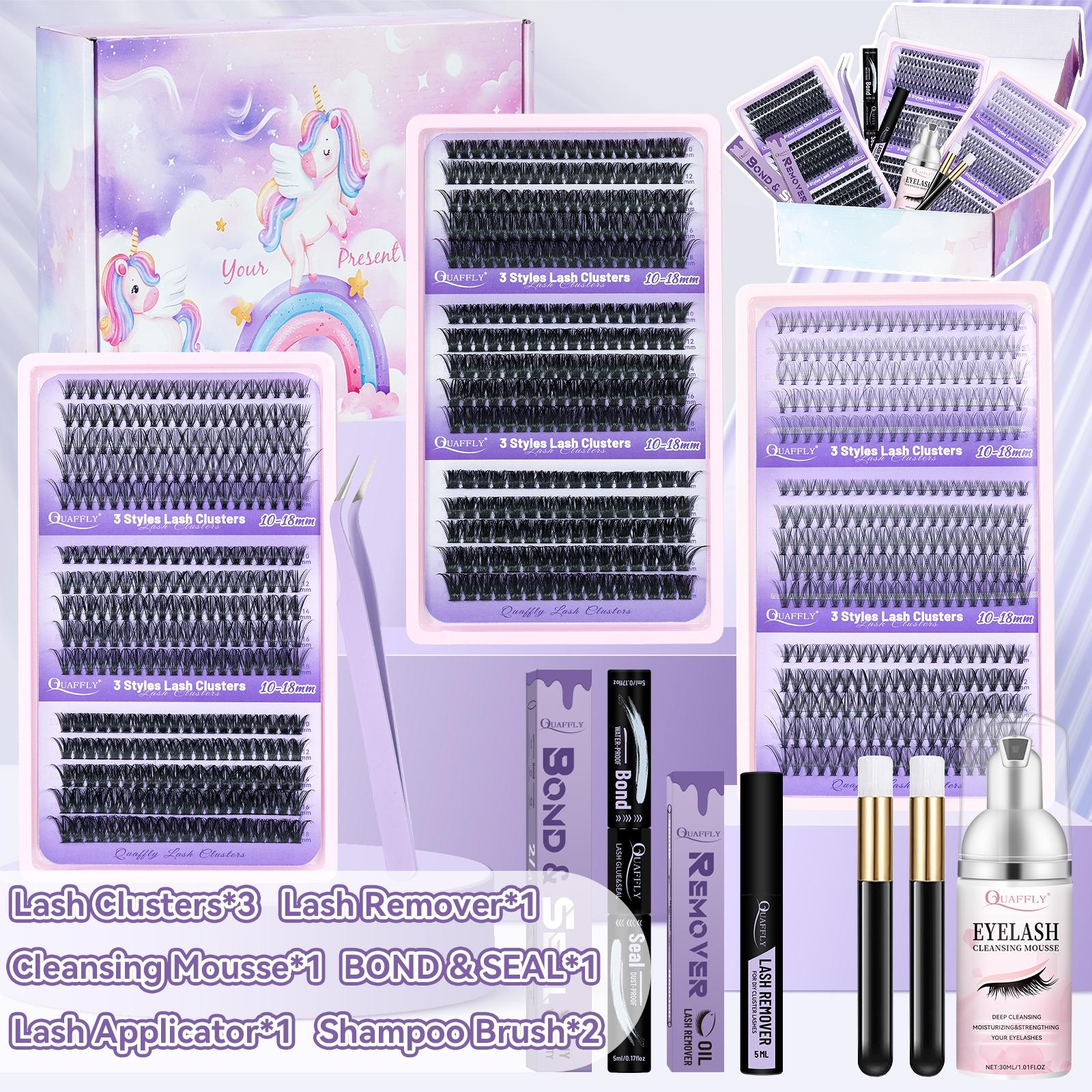 Eyelash Extension Kit, 870 Cluster 10-100D D Curl 10-18mm DIY Eyelash Extension Kit with 3 Trays Of Lashes, Lash Bond & Seal, Lash Remover, Cleansing Mousse, 2 Cleansing Brushes, Lash Tweezer, Cosmetic