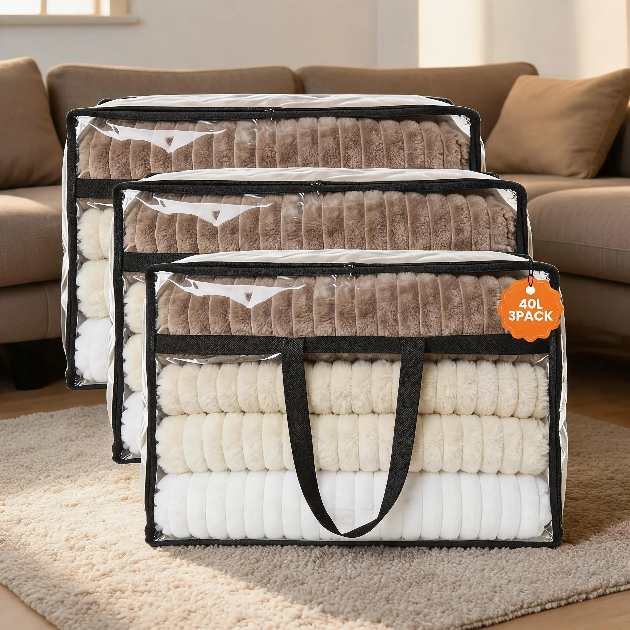 6-Pack 46x23x38cm Clear Under Bed Storage Bags, Heavy-Duty Vinyl Zippered Containers for Blankets & Clothes, Waterproof Closet Organizer