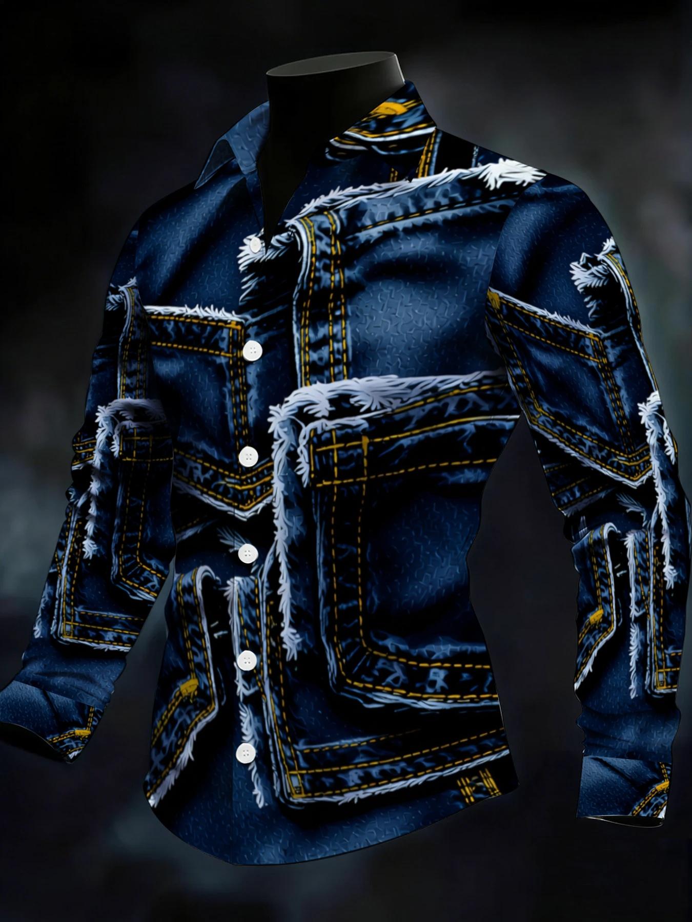 Men's Long Sleeve Casual Collared Shirt, Fashion Trendy Denim Pattern Print Design, Personalized Printed Casual Versatile Top, Casual Fabric Clothing