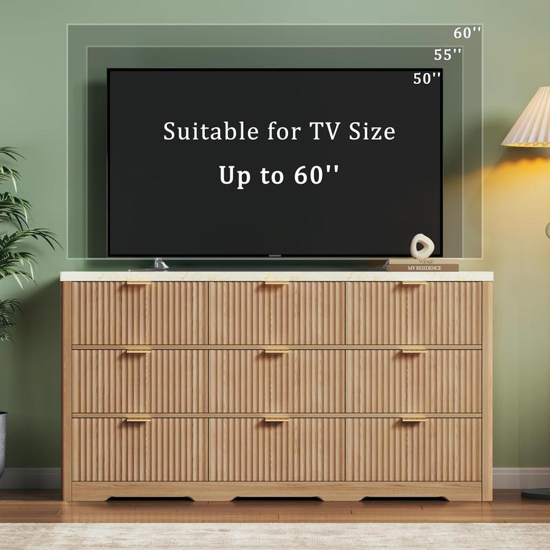 Fluted Dresser for Bedroom with 7 Drawers, 53'' Modern Dressers with Faux Marble Top, Mid Century Chests of Drawers with Gold Handle & Curved Profile, Natural Wood TV Dresser for Bedroom, Living Room