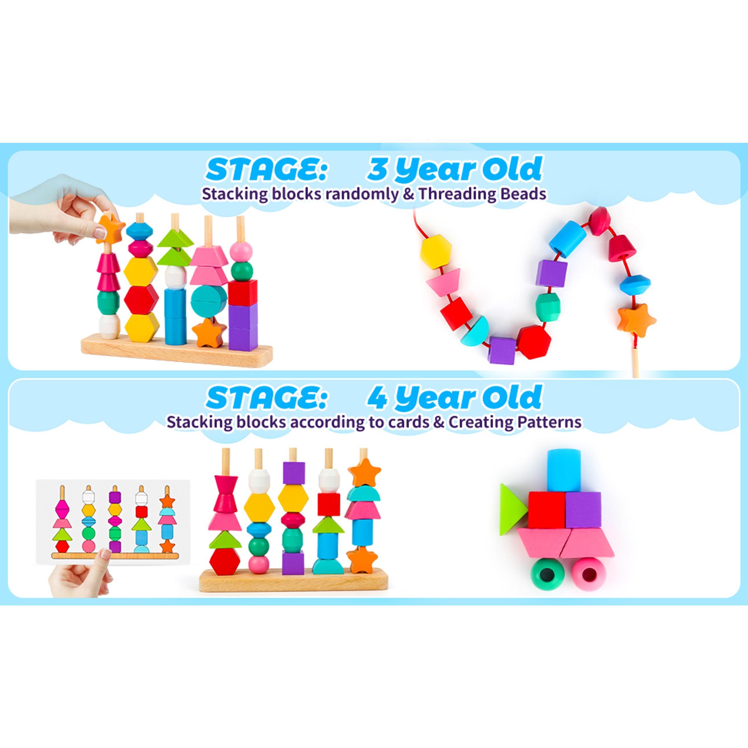 Montessori Wooden Beads Sequencing Toy Set, Stacking Blocks, Lacing Beads, Matching Shape Stacker for 2-5 Year Old STEM Preschool Learning Toys Gifts for Kids Boy Girl Toddlerfidget toys