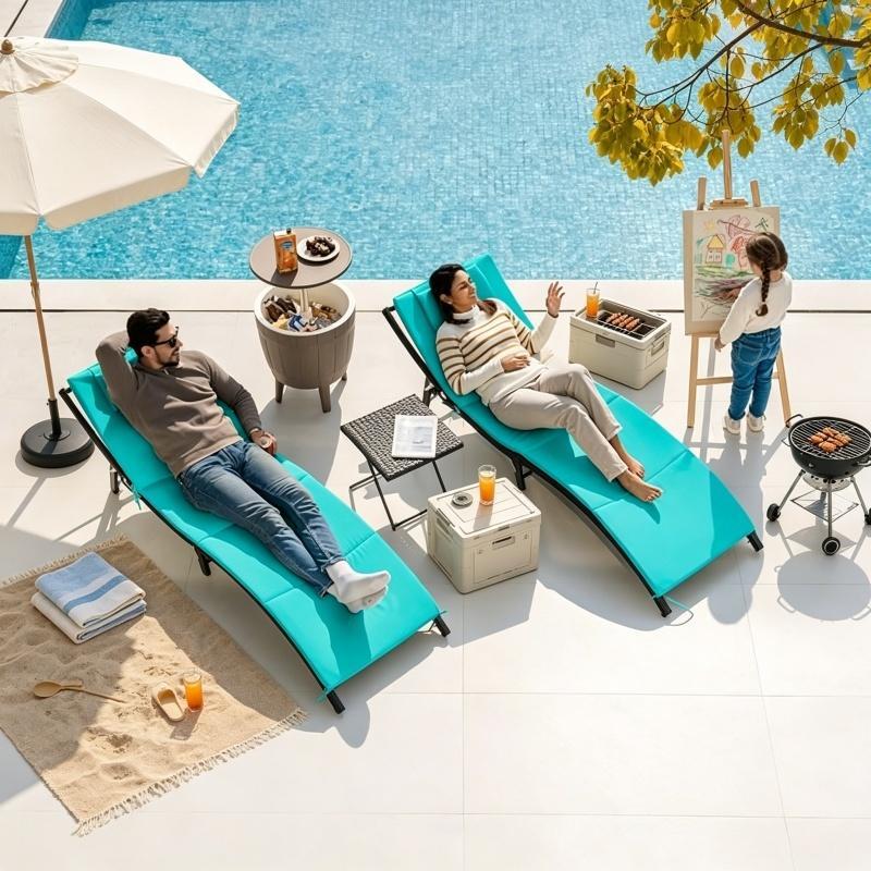Beige 3-Piece PE Rattan Patio Chaise Lounge Reclining Chairs - Lightweight, Foldable, Fully Assembled Pre-Built Outdoor Furniture Set with Folding Table, Cushion for Poolside, Beach Use