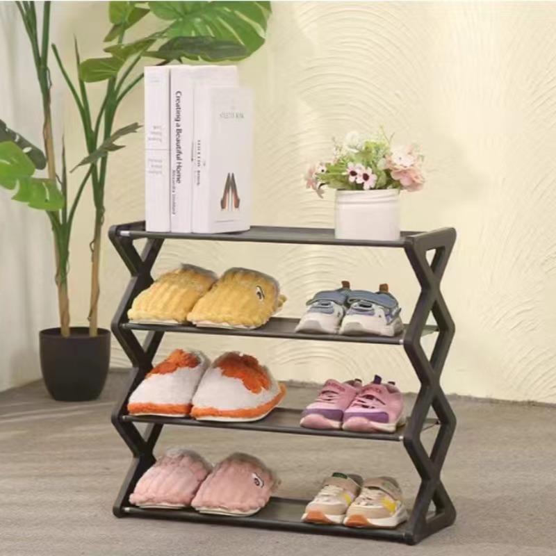 4-Tier Self-Assembly Shoe Rack, Adjustable Multi-Purpose Storage Shelf for Shoes Plants Books, Room Organizer Metal X-Shaped Stand, Shoe Organization Rack