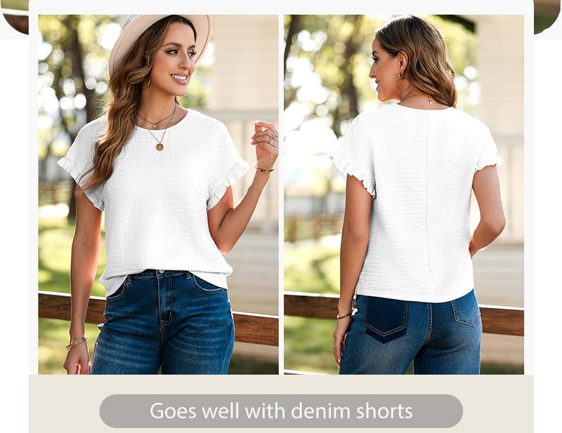 Shewin 2026 Spring/Summer Outfit Womens Short Sleeve Tops Round Neck Ruffle Casual Textured Work T Shirts Tee Blouse Basic Fitted Crewneck - Womenswear