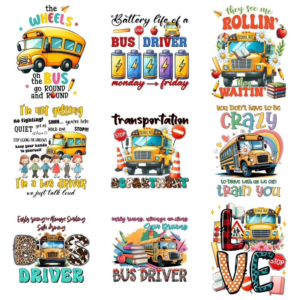 9 Pcs Bus Driver Iron on Transfers DTF Transfers Ready Transfers Sticker On Clothes casual style. Hoodie DIY Crafts iron on decals Iron On Transfer Patches
