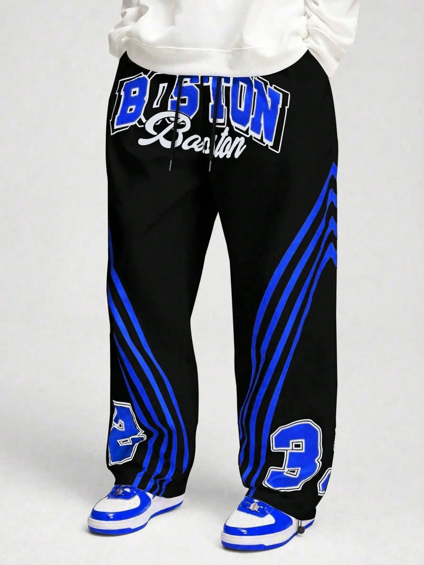 Men's Black BOSTON Bold Letter Print Red Chevron Multi Stripe Wide Leg Sweatpants | Elastic Drawstring Waist Number Graphic Casual Track Pants | Streetwear Basketball Bottoms for Men