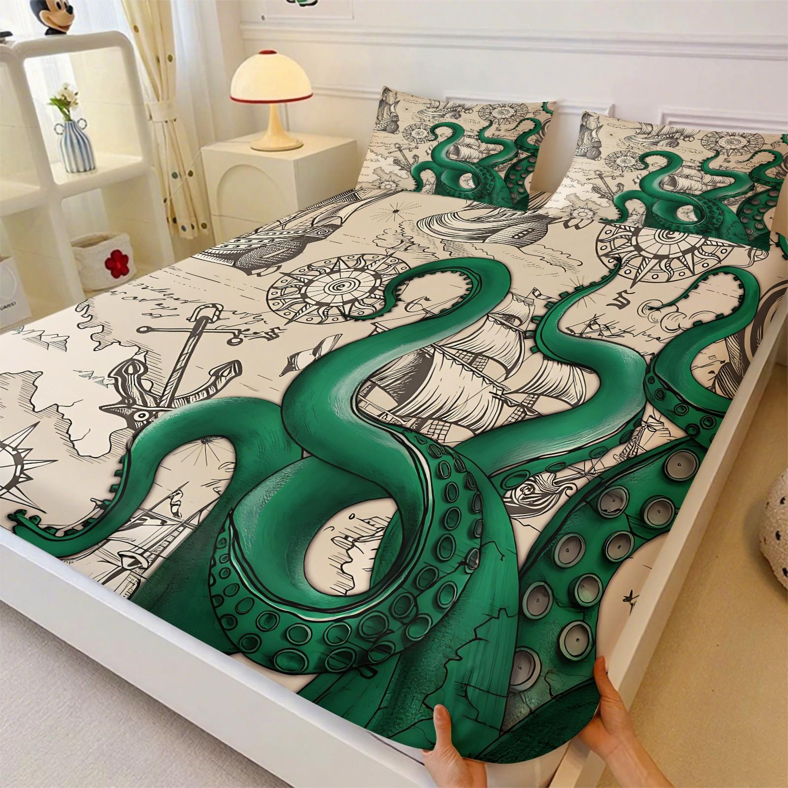 3PCS Vintage Octopus Nautical Fitted Sheet Set (1 Fitted Sheet + 2 Pillowcases),Soft Breathable Fabric,Deep Pocket Anti-Slip Full Wrap,HD Vivid Digital Print,Kraken Pirate Ocean Bedding For Bedroom, Dorm & Guest Room