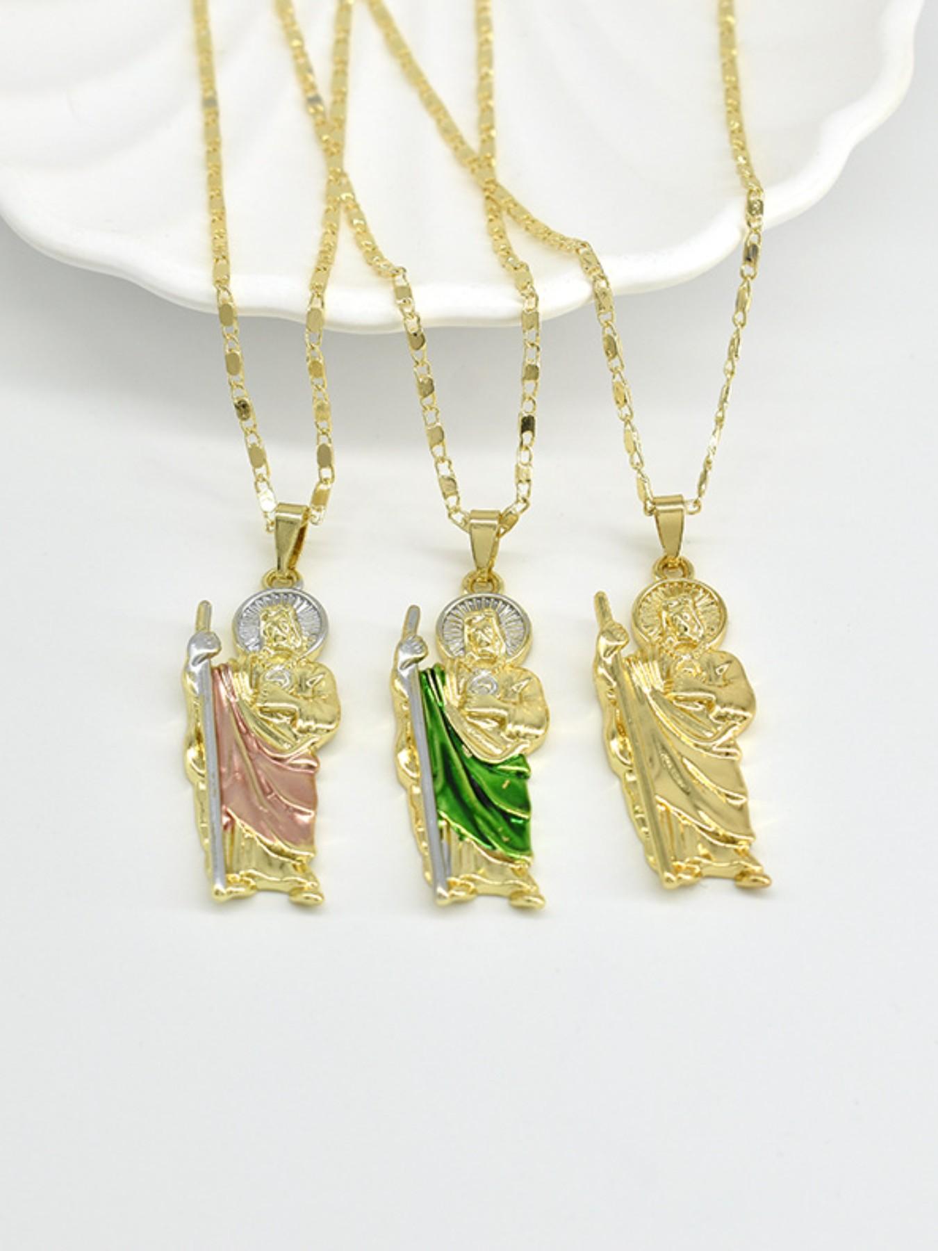 Fashion Hip Hop Saint Judas Necklace, Men's Copper Plated 14k Gold Saint Jude Pendant, 24 Inch Flat Chain, Perfect Gift for All Seasons