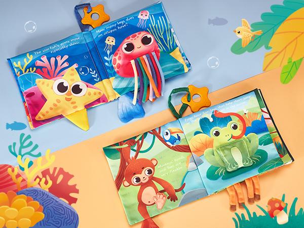 hahaland 2 PCS Baby Cloth Book Baby Infant Toy Newborn Sensory Montessori Toy for Babies 0-6 Months with Crinkle Squeaky Sounds, Mirrors, Teethers - Soft Cloth Tummy Time Book Newborn Baby Shower Gift Easter Stuffers Ideas