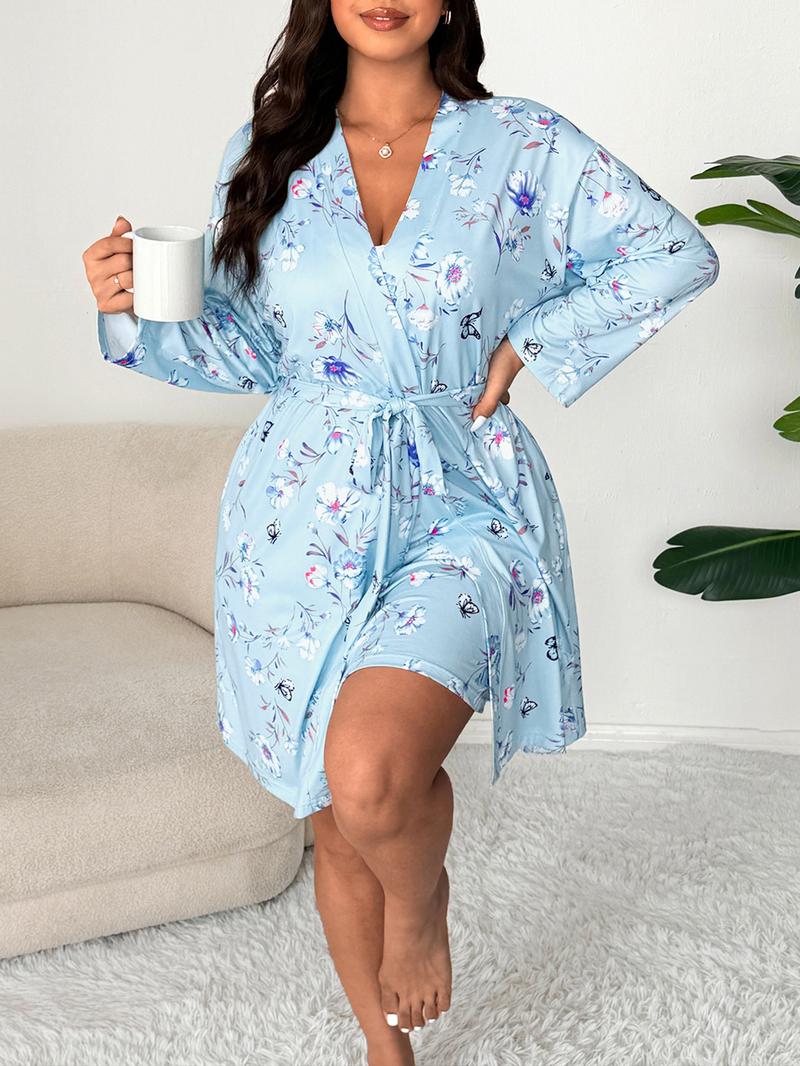 【Plus Size】 Floral Print Cami Dress & Belted Robe Two-piece Set, Casual Soft Comfortable Pyjama Set for Women, Women's Sleepwear for Spring & Fall