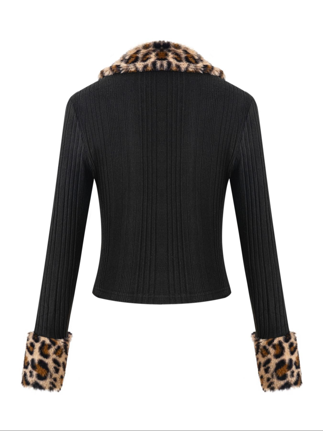 Ladies' leopard print fur collar & cuffs zipper jacket coat