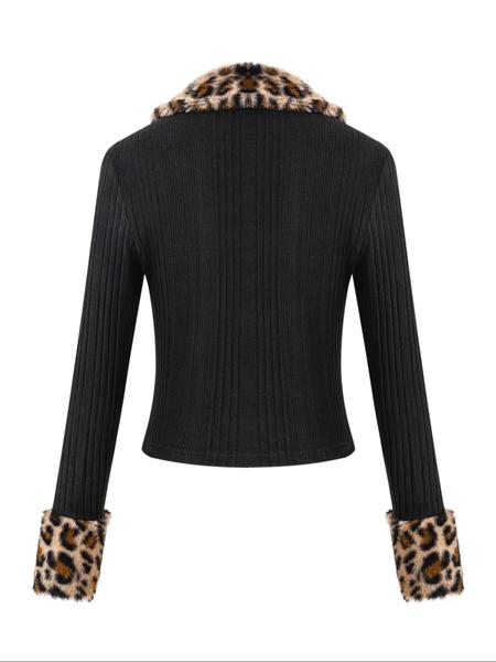Ladies' leopard print fur collar & cuffs zipper jacket coat