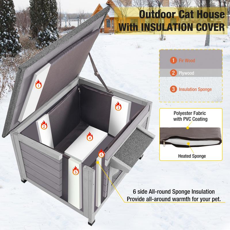 Aivituvin-Insulated/Heated Wooden Cat House with Soft Liner | Waterproof Roof,Stray Cat House,Winter Cat House