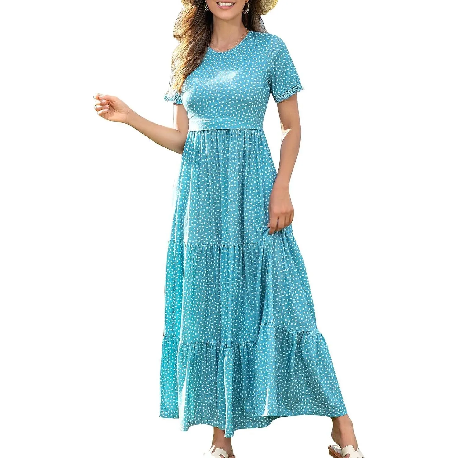 Women's Nursing Dresses Breastfeeding Cotton Short Sleeve Tiered Maxi Breastfeeding Dress with Pockets