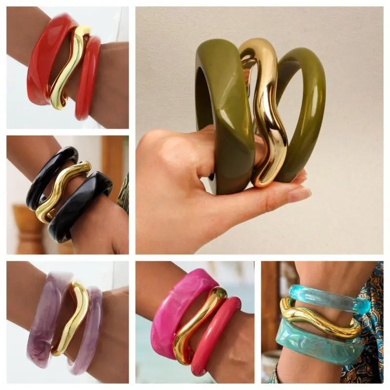 Women's 3-Pcs Minimalist Artistic Marbled Bracelets Set - Colored Resin Beads, Retro Geometric Round Acrylic Bangles, Arm Candy Accessories, Multi-Part Daily Wear, Year-Round Versatile Resin Bracelets & Bangles