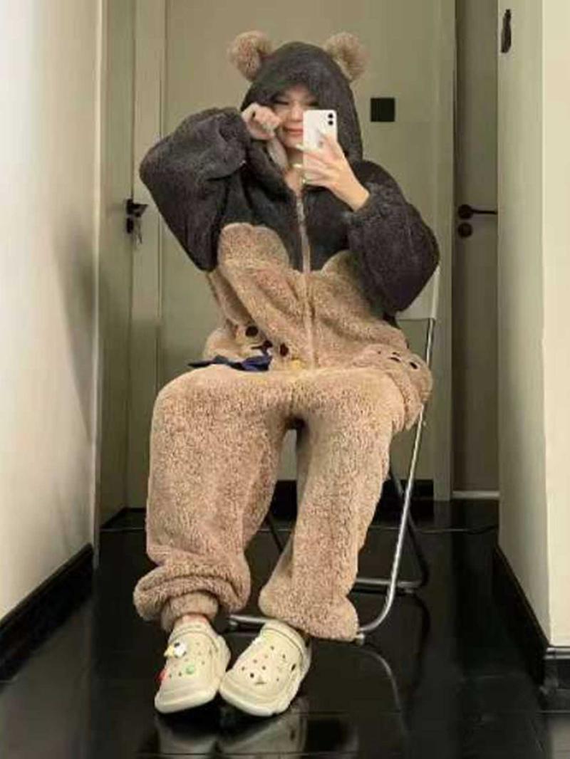 1pcs Women's Cute Cartoon Bear Hoodie Dress, Unicorn Design Winter Role Play Onesie, Christmas Party Casual and Pajamas