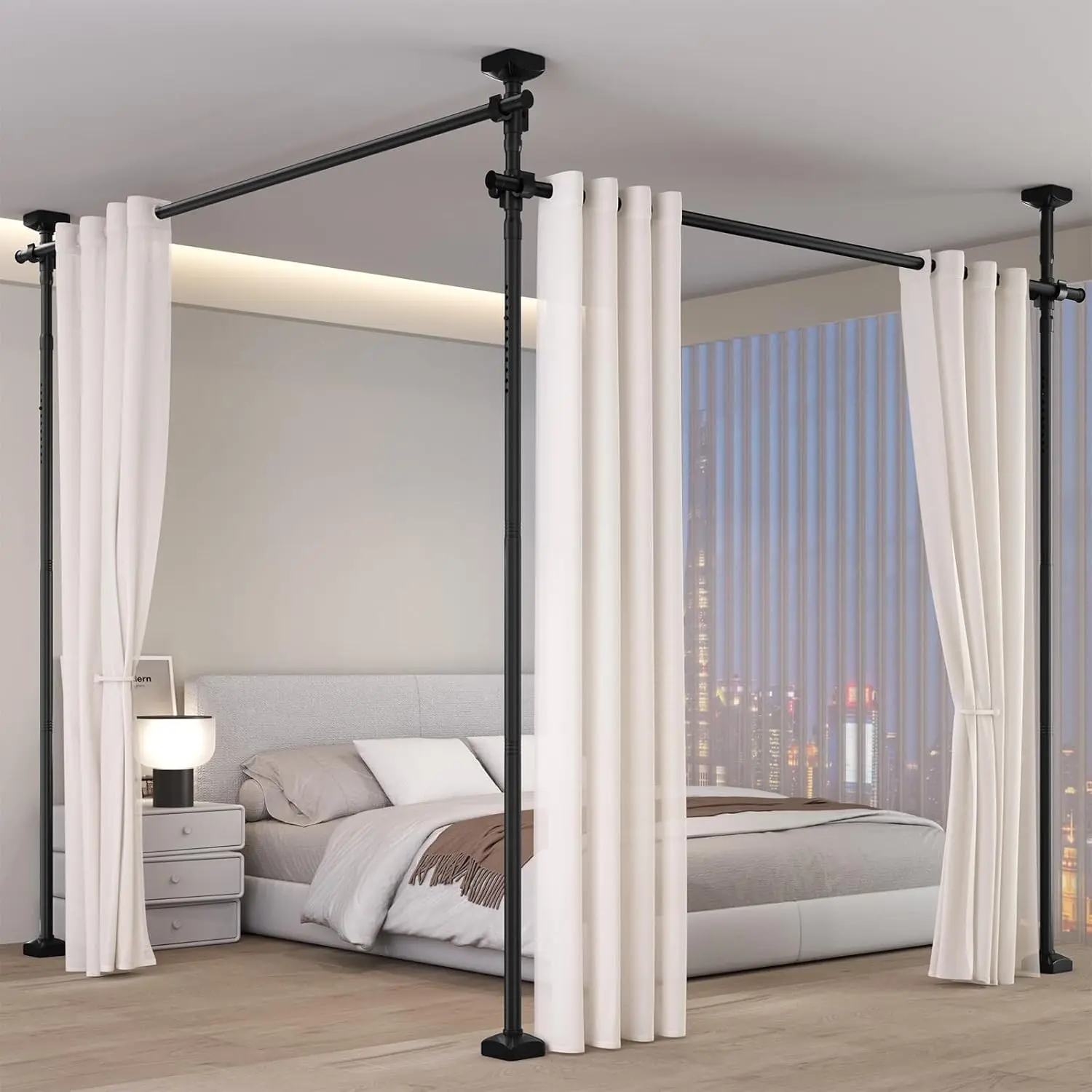 Room Divider for Room Separation, Tension Curtain Rod No Drilling, 4-10ft(H) 28-140inch(W) Wall Divider, Heavy Duty Room Partition Separator, Adjustable Folding Privacy Screens, Black