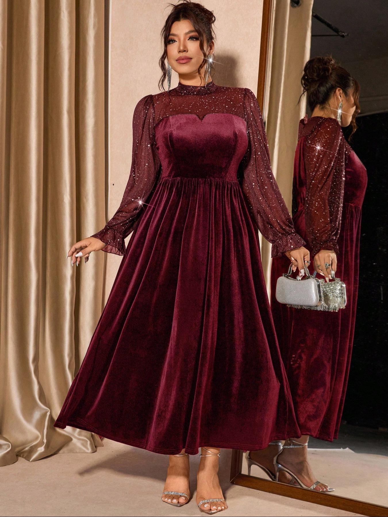 Plus Size Women's Mesh Velvet Elegant Bubble Sleeve Dress, Waist Cinched, Perfect for Parties and Gatherings, Fall & Winter Fashion