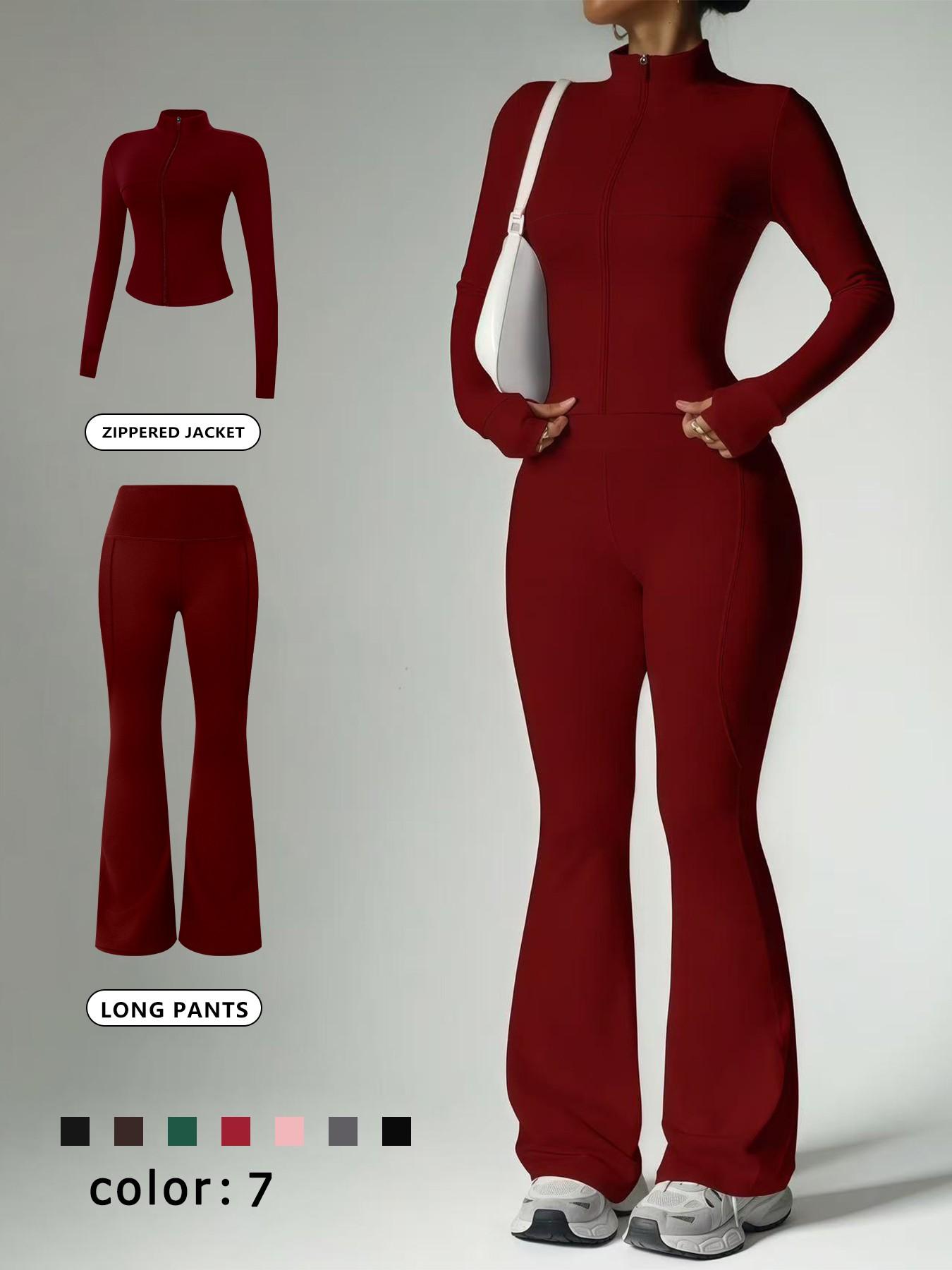 2 Piece Set Women's Loungewear Set Stand Collar Zip-Up Jacket & Wide Leg Flared Pants Comfortable High Stretch Slim Fit Suitable for Daily Outings Home Sports Travel Casual Fashion Coat Long Sleeve Pants Women's Pajama Set Outfit