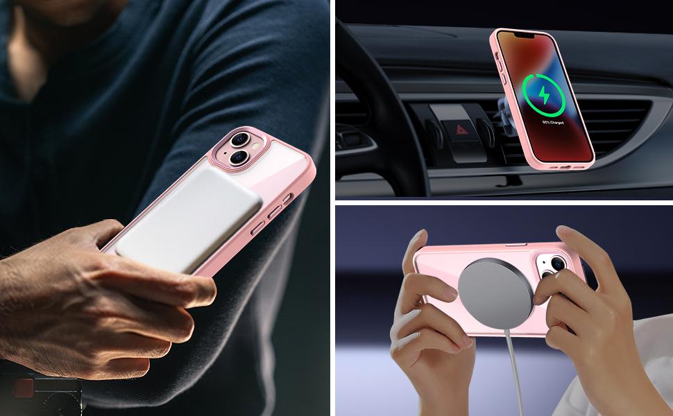 Magnetic for iPhone 15 Case, [Compatible with MagSafe] [Military-Grade Protection] Crystal Clear Hard Back&Soft TPU Frame Shockproof Protective case for iPhone 15.(Pink)