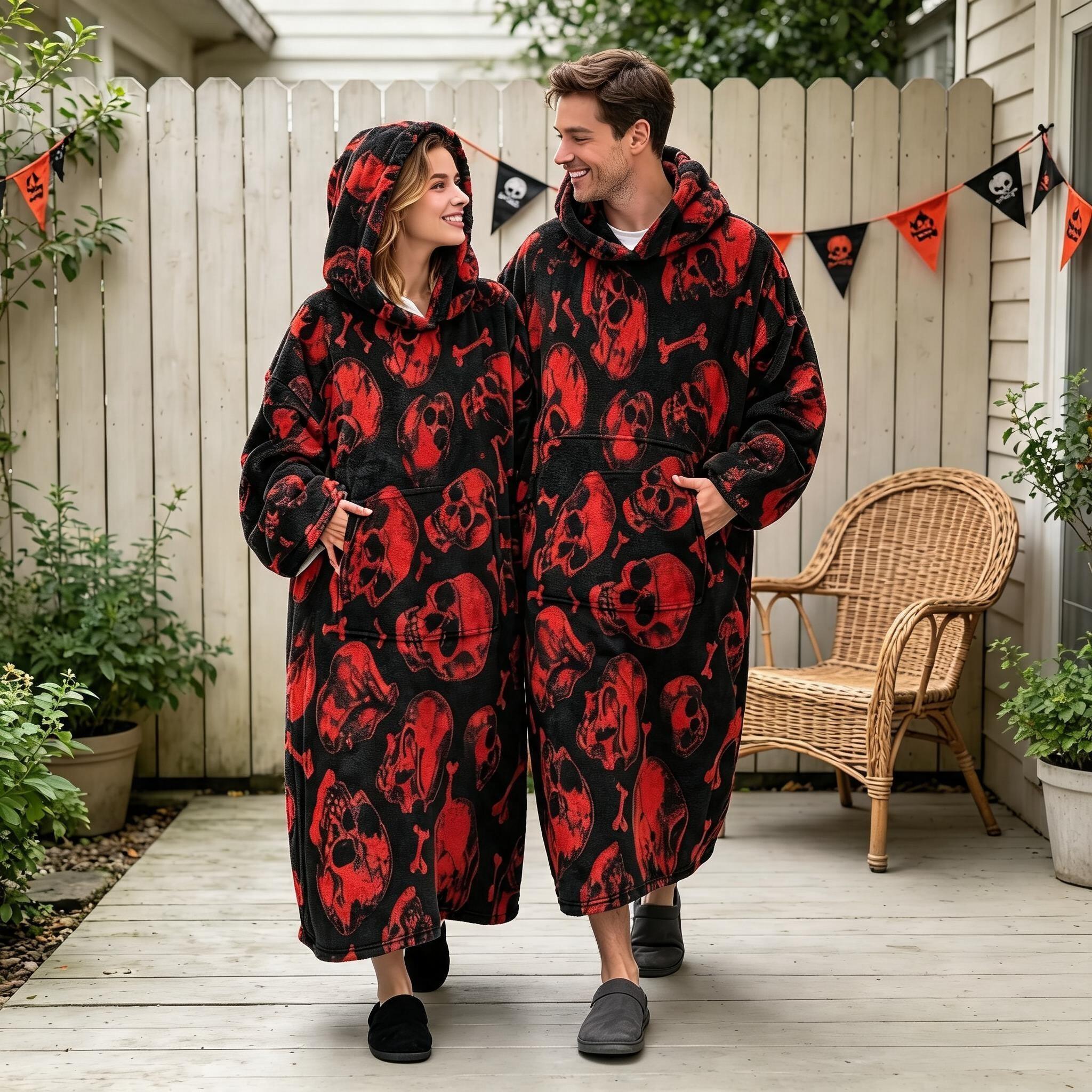 Thick Flannel Wearable Blanket, Couples' Cozy Hooded Blanket with Large Pockets, Soft and Cute Home Blanket, Perfect Gift for Friends and Girls