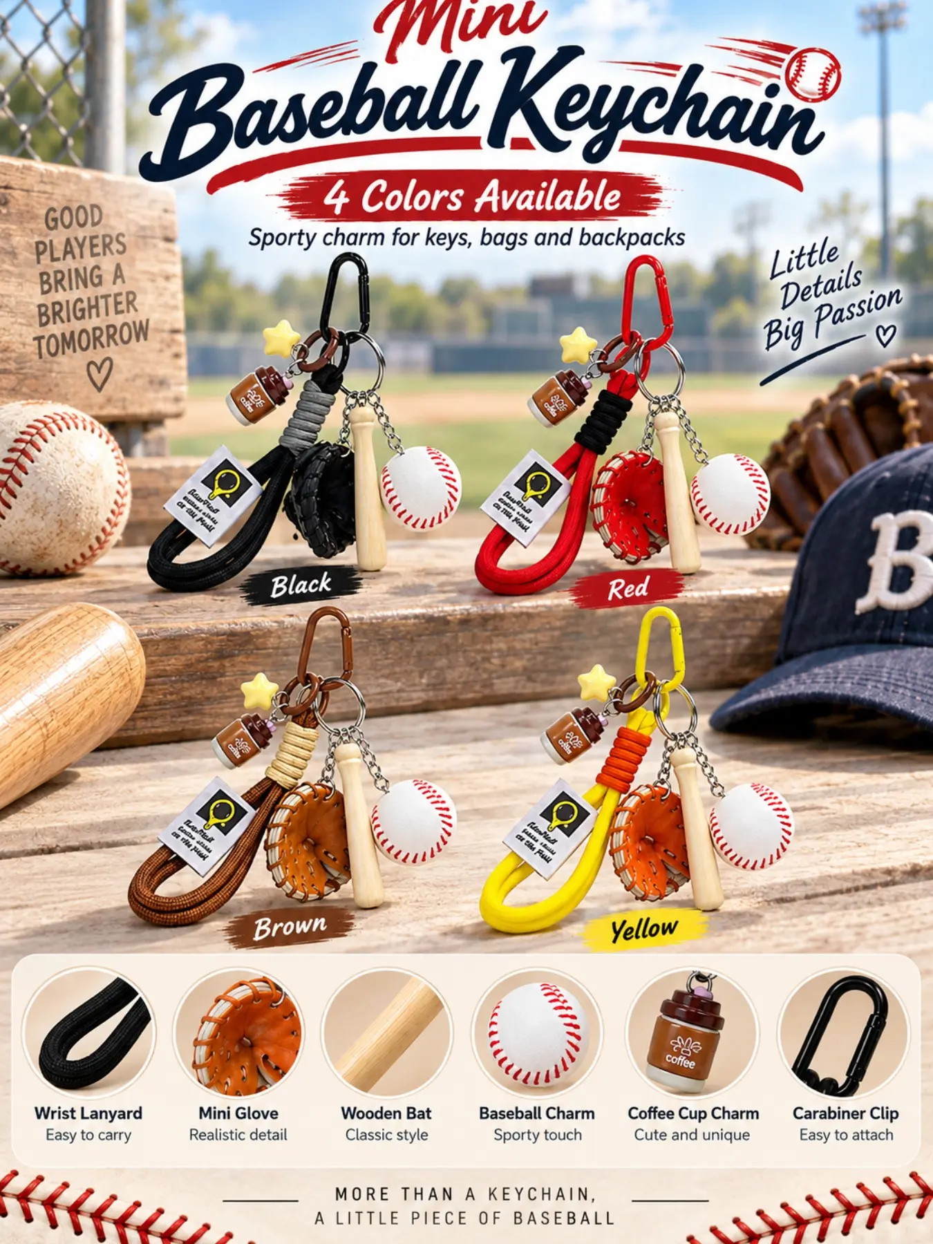 Mini Baseball Keychain with Wrist Lanyard, Mini Baseball Glove, Wooden Bat and Baseball Bag Charm,Coffee Cup Star Charm Sport Key Ring, Sporty Aesthetic Backpack Pendant, Perfect Baseball  Souvenir Gift for Sports Lovers, Multi Color Sport Bag Accessory