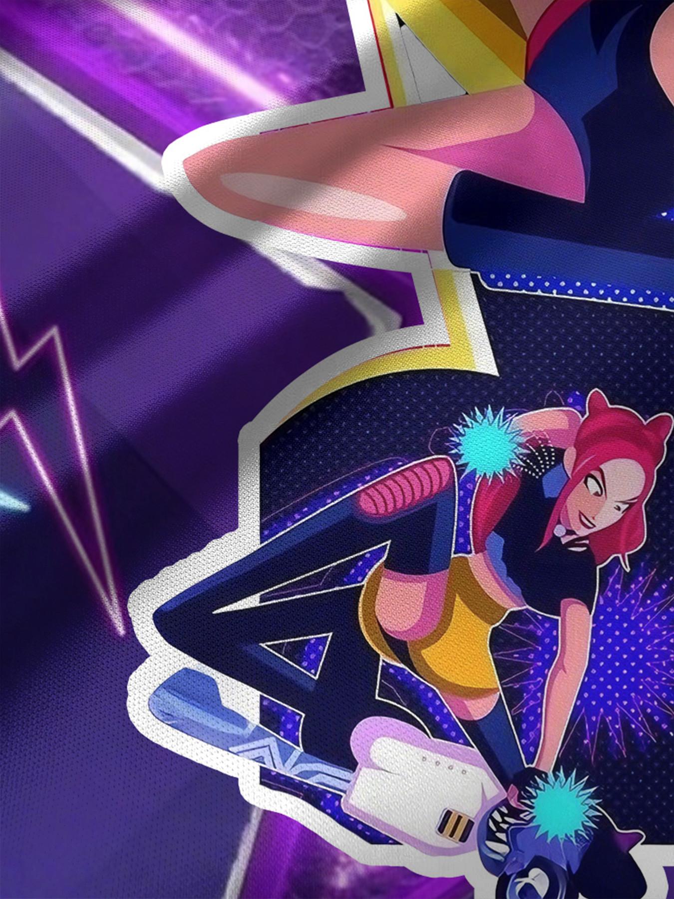 Girls' 3D Short Sleeve Dress, Neon Kda Full Print Summer Dress, Perfect for Parties, Festivals, Gifts, Birthday Presents