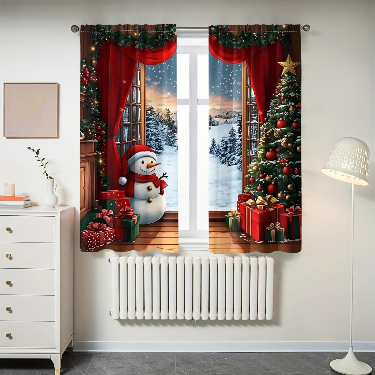 Christmas Theme Curtain Set 2 Pieces, Snowflake Pattern Holiday Home Decor, Suitable for Living Room Balcony Bedroom Windows