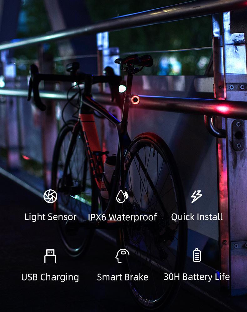 ROCKBROS Bike Tail Light, USB Rechargeable Bicycle Taillight, Auto On Off Sensor IPX6 Waterproof Bike Rear Lights for Night Riding and Bicycle Safety, 4 Light Modes Cycling Safety Light