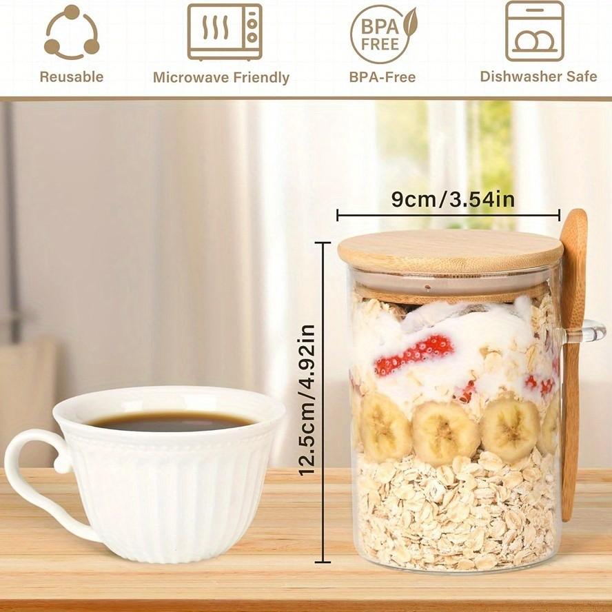 4-Pack 16oz Overnight Oat Glass Jars with Bamboo Lid, Large Capacity Breakfast Bowl, Food Storage Container, Kitchen Accessories