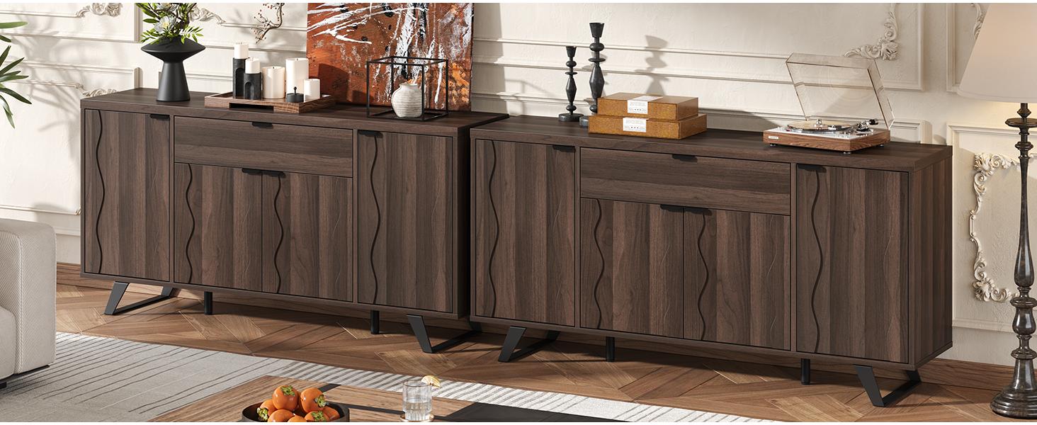 【SPOTLIGHT DAY】ONBRILL 63" Sideboard Buffet Cabinet, Kitchen Buffet Storage Cabinet, Mid Century Modern Storage Cabinet with 4 Doors & Shelves, Wood Coffee Bar Console Wine Bar for Living Room, Kitchen,Hallway