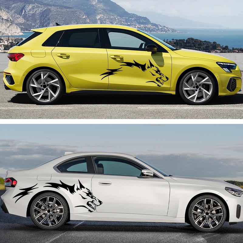 2Pcs Wolf Totem Vinyl Car Decals - Featuring Tribal Tattoo Designs, Self-Adhesive Side Door Wolf Decal, Suitable for SUV, Off-Road Vehicles, Car Hood, Trunk - Glossy Surface, Irregular Shapes, Universal Waterproof Vinyl Sticker, Sticker for Cars