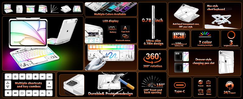 Transparent White Touch 360°Rotatable Keyboard Case for iPad ,High-strength acrylic, impact-resistant,Backlight &Pencil Holder, 7 Color Backlight Keyboard Case only for iPad