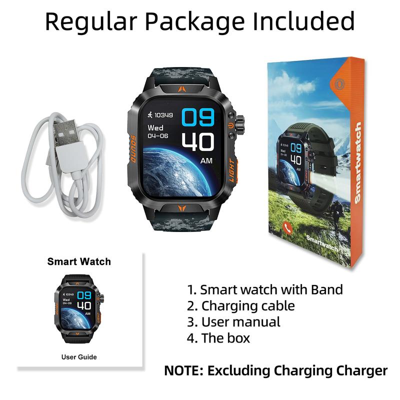 COANR active New 2.01" Outdoor Smartwatch for Men - Large Touchscreen Water Resistant Activity Monitor Wireless Calling 100+ Sports Modes iPhone Android Sync IP68  Black Smart Watch Fitness Device Wearable Charging Large Screen  with LED Flashlight