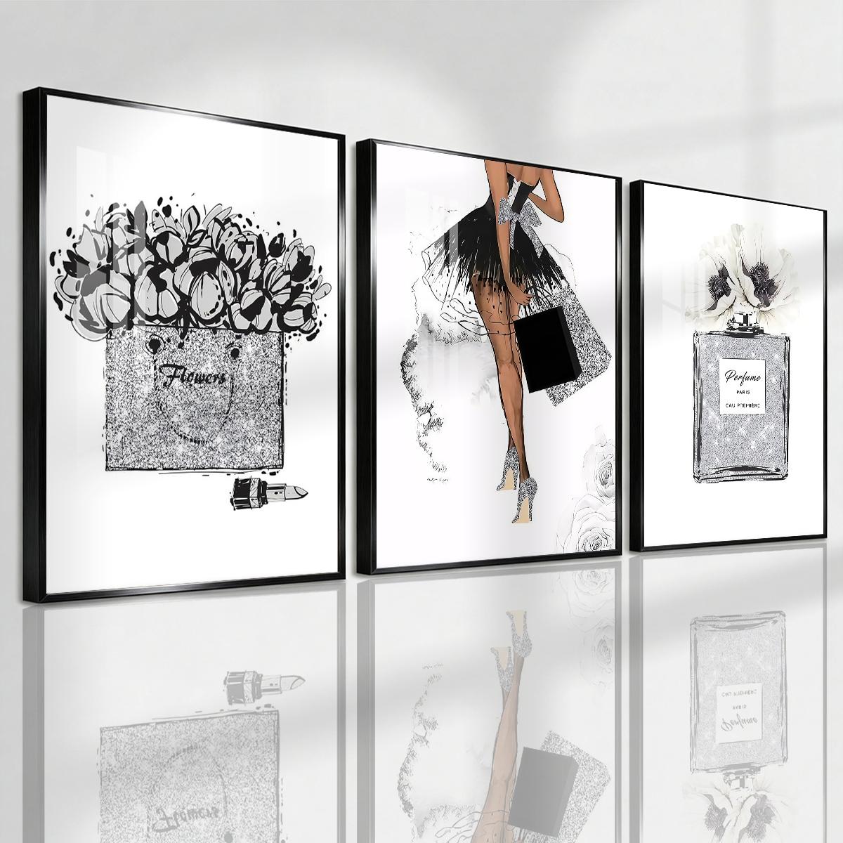 3 Counts Aluminum Alloy Framed Painting, Fashion Girl Perfume And Flower Art Prints, Home Decoration For Living Room, Bedroom, Office, Restaurant, Hallway Wall Decor, Odorless Print Artwork, Luxury Perfect Gift For Friends And Family