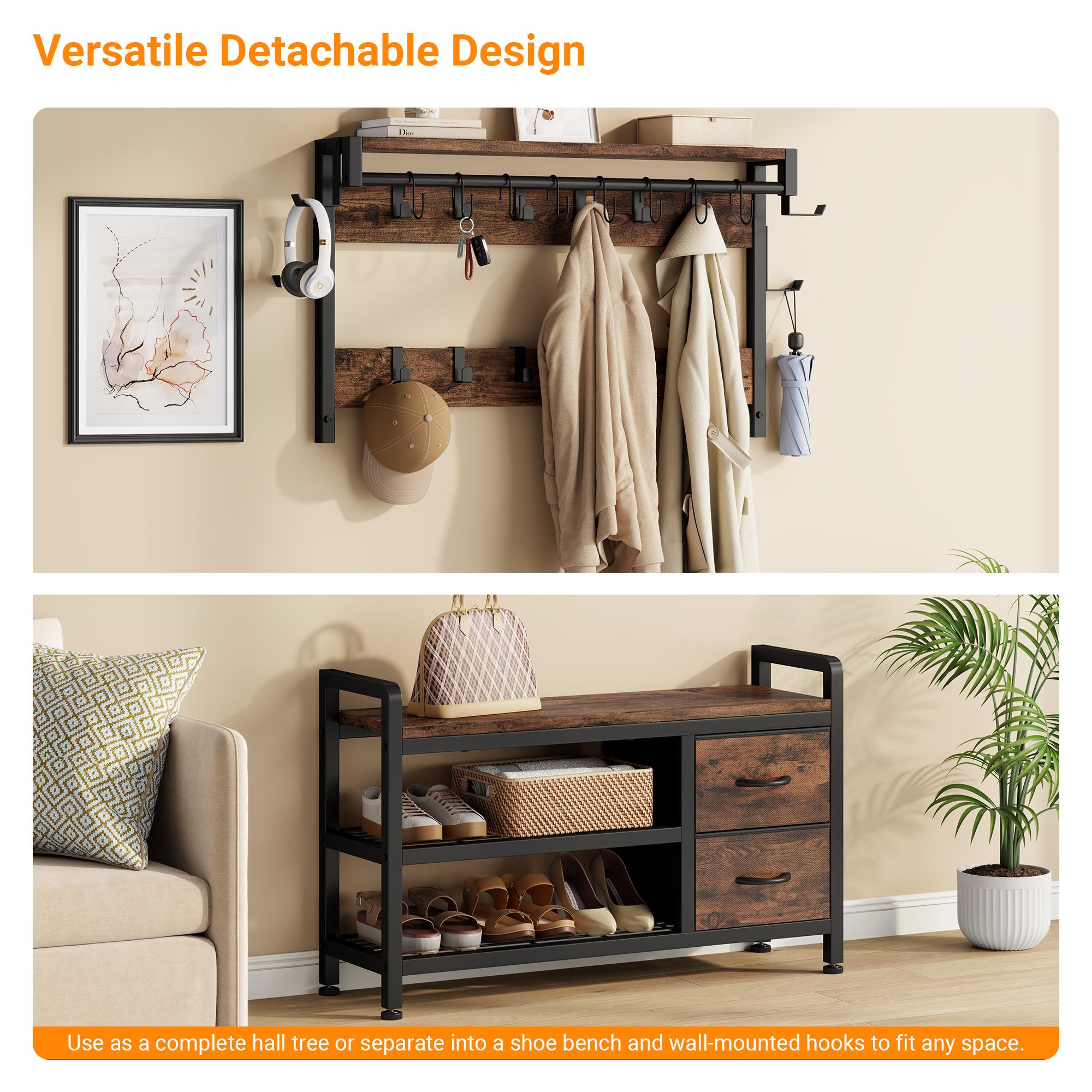 Aowos Hall Tree with Bench and Shoe Storage, 31”/39” Freestanding Entryway Storage Cabinet, 5-in-1 Coat Rack and Shoe Bench with Wall Organizer, 17 Hooks, Drawers and Shelves, Space-Saving Hall Tree for Entryway, Hallway, Foyer